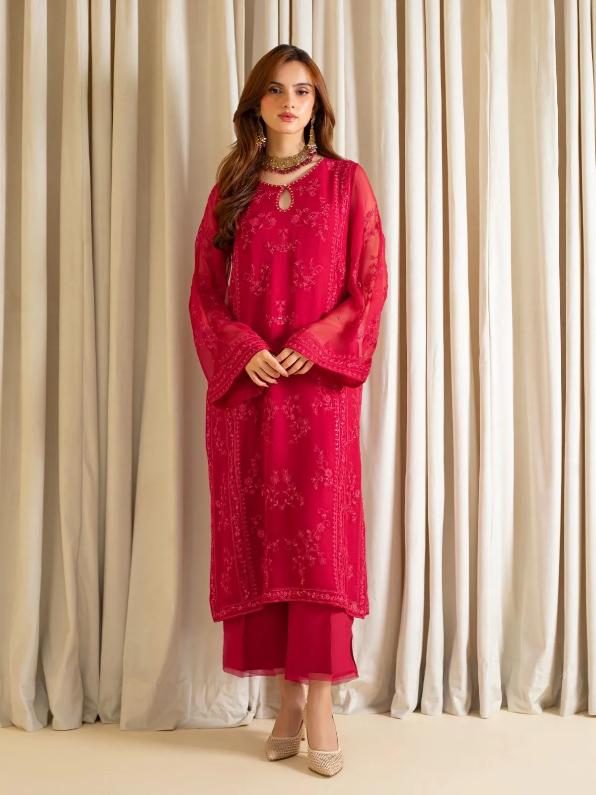 2 Piece - Embroidered Chiffon Suit S109859