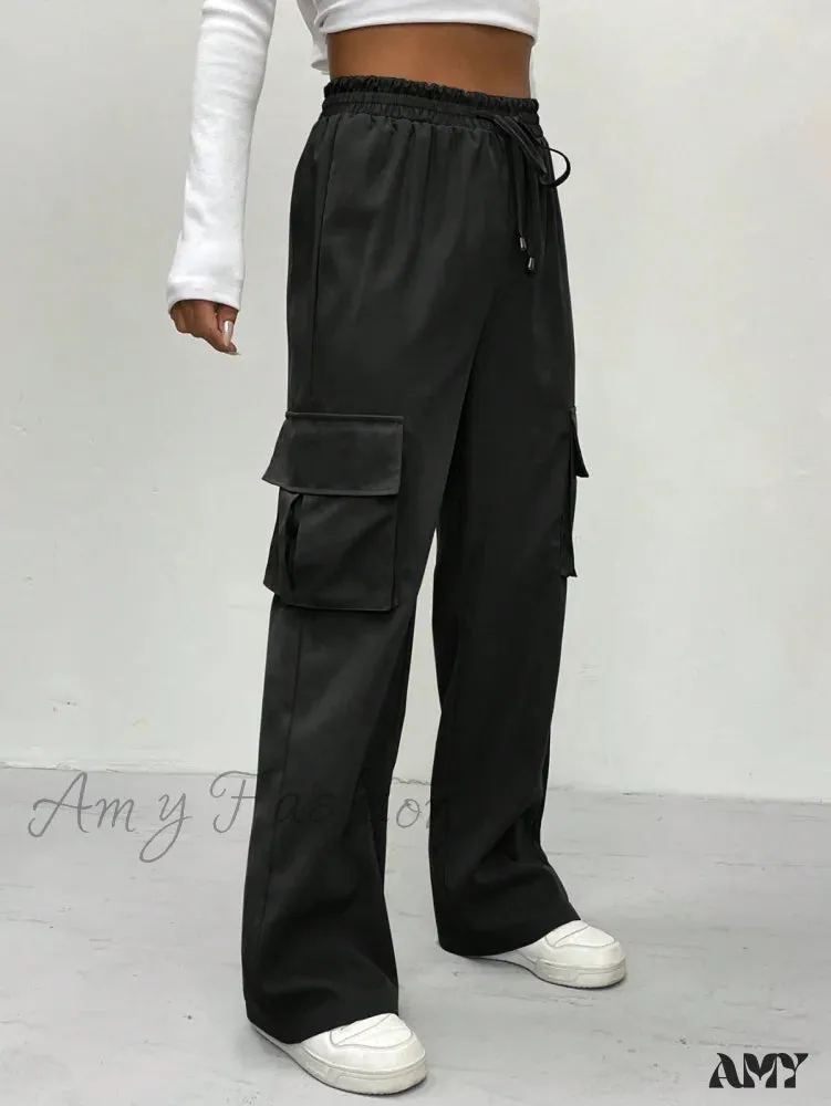 Amy Fashion - Flap Pocket Side Drawstring Waist Cargo Pants