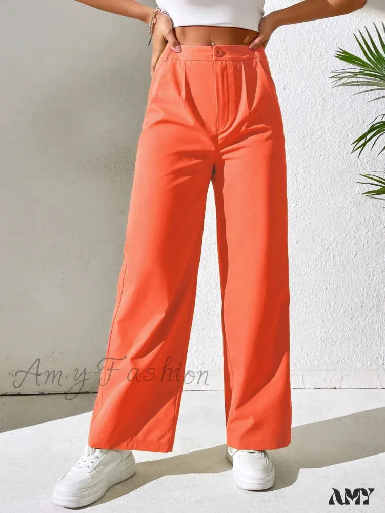 Amy Fashion - Solid Plicated Detail Straight Leg Pants