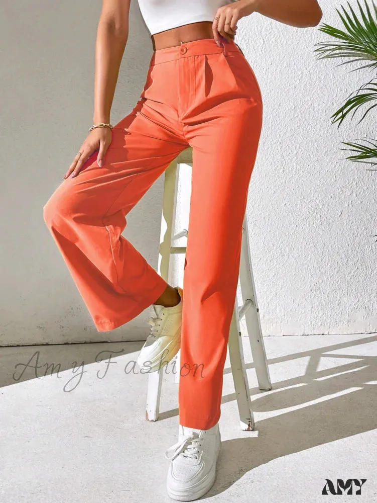 Amy Fashion - Solid Plicated Detail Straight Leg Pants