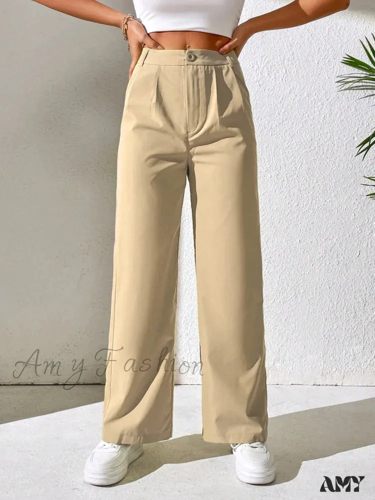 Amy Fashion - Solid Plicated Detail Straight Leg Pants