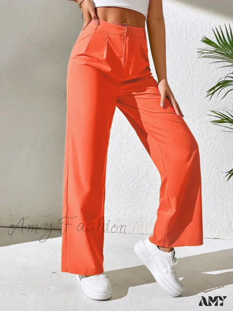 Amy Fashion - Solid Plicated Detail Straight Leg Pants