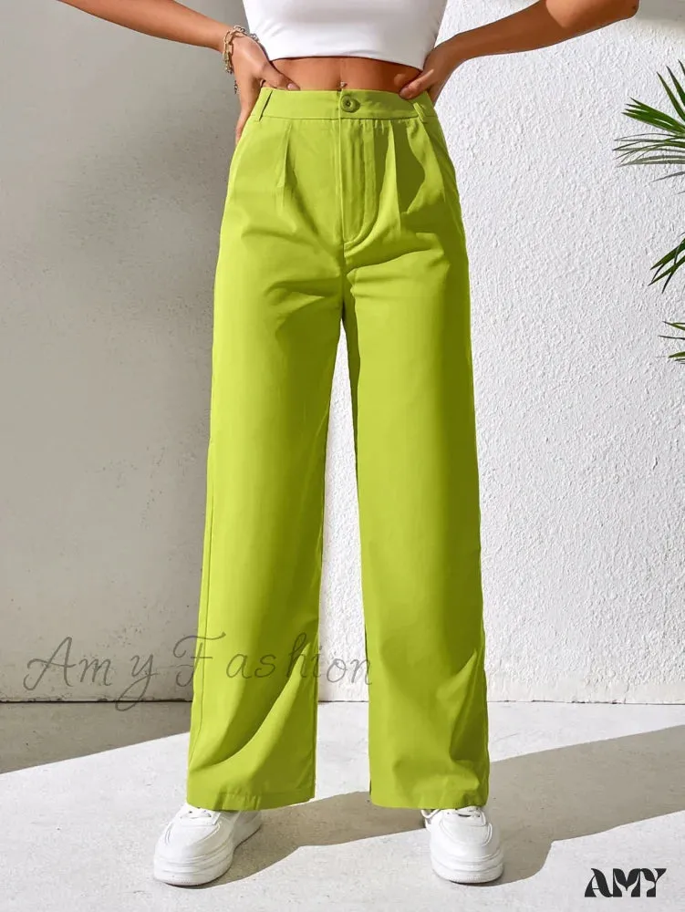 Amy Fashion - Solid Plicated Detail Straight Leg Pants