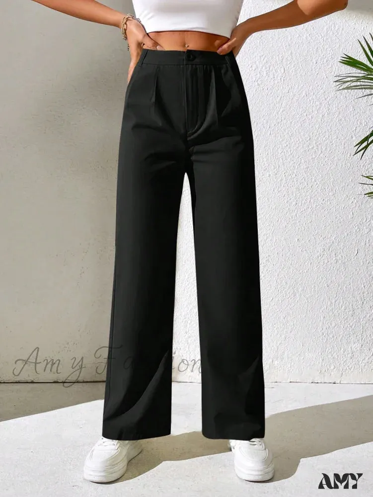 Amy Fashion - Solid Plicated Detail Straight Leg Pants