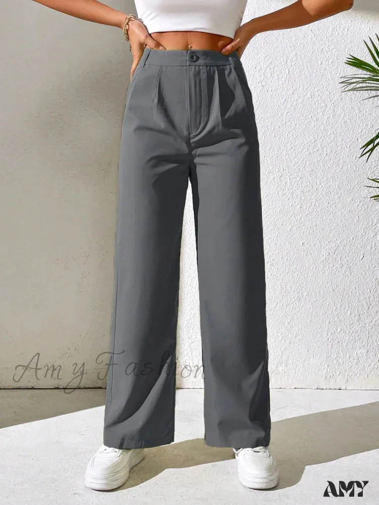 Amy Fashion - Solid Plicated Detail Straight Leg Pants