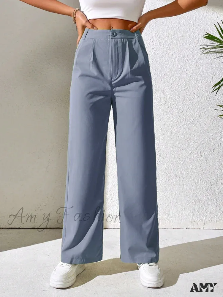 Amy Fashion - Solid Plicated Detail Straight Leg Pants