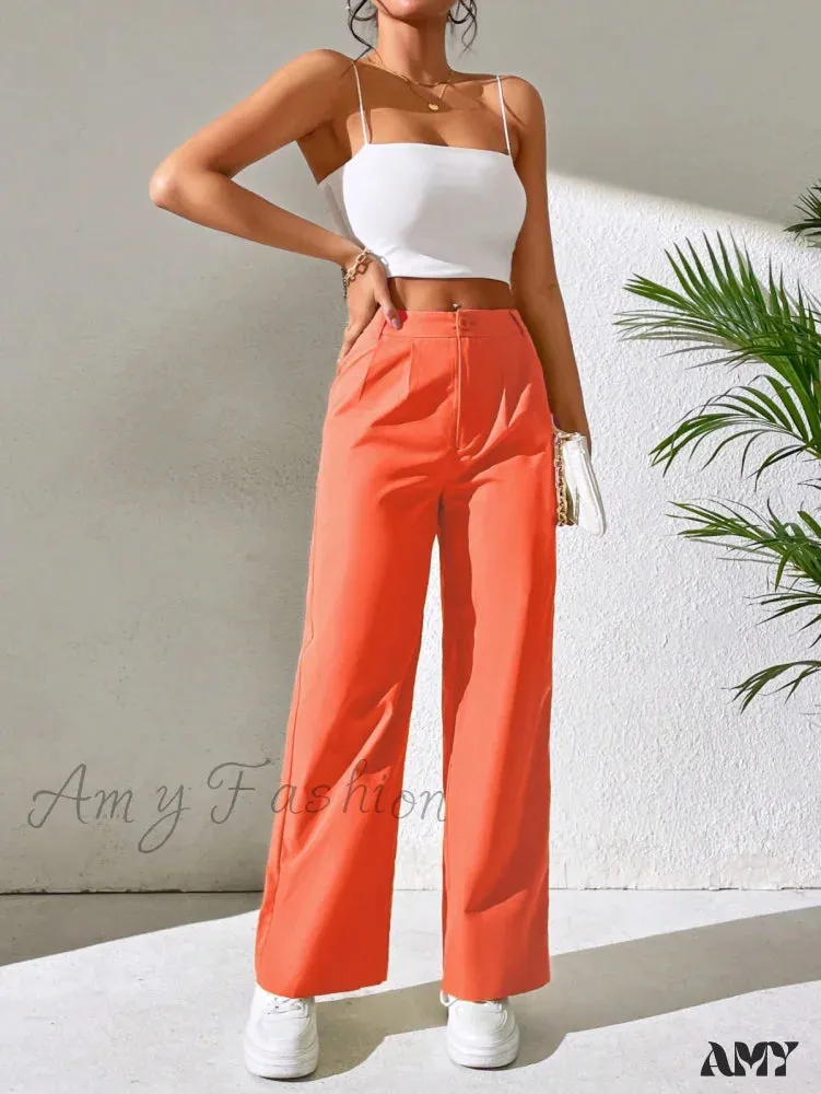 Amy Fashion - Solid Plicated Detail Straight Leg Pants