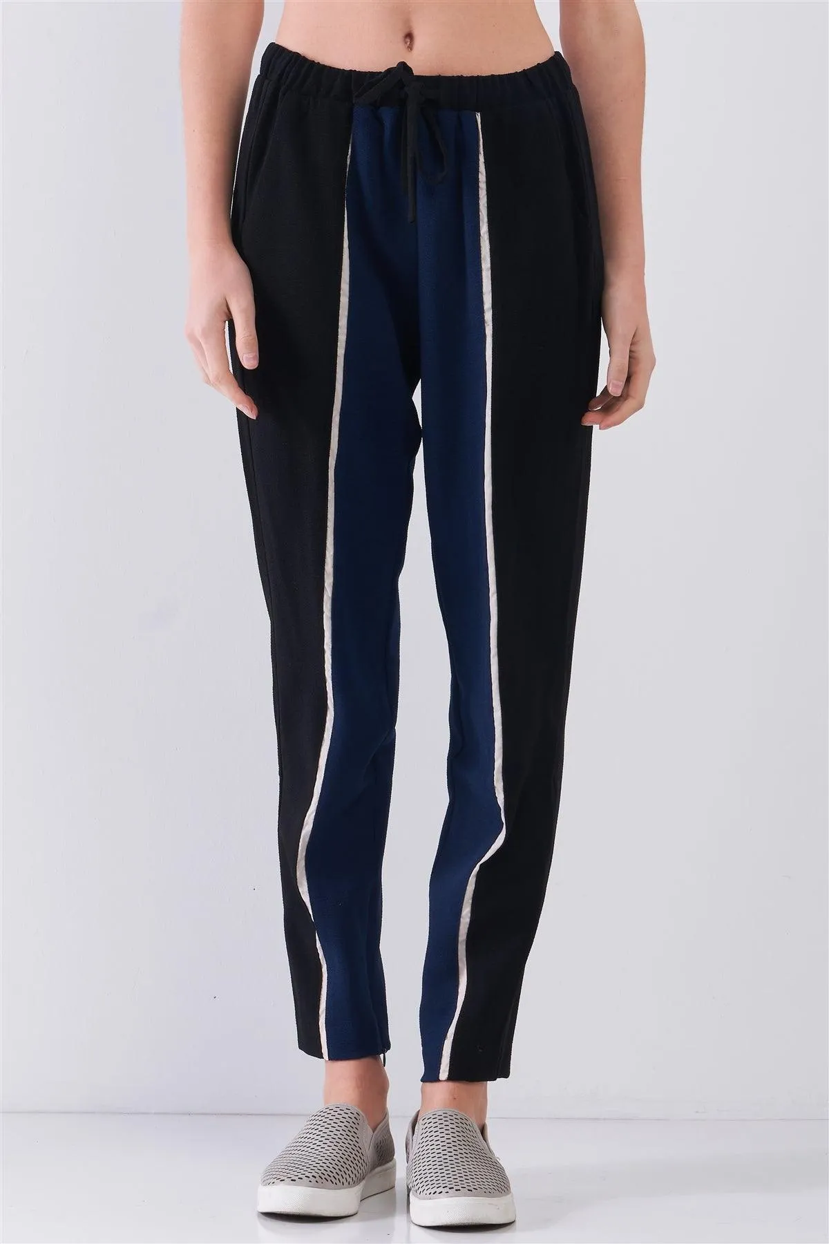 Black & Navy Colorblock High-Waisted Self-Tie Waistline Side Pockets Chinos Pants /1-2-2-1