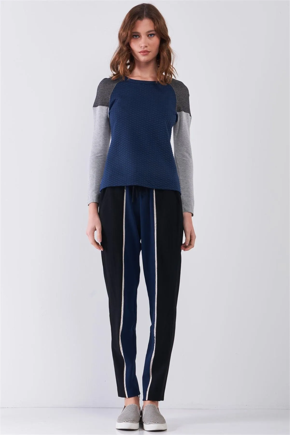 Black & Navy Colorblock High-Waisted Self-Tie Waistline Side Pockets Chinos Pants /1-2-2-1