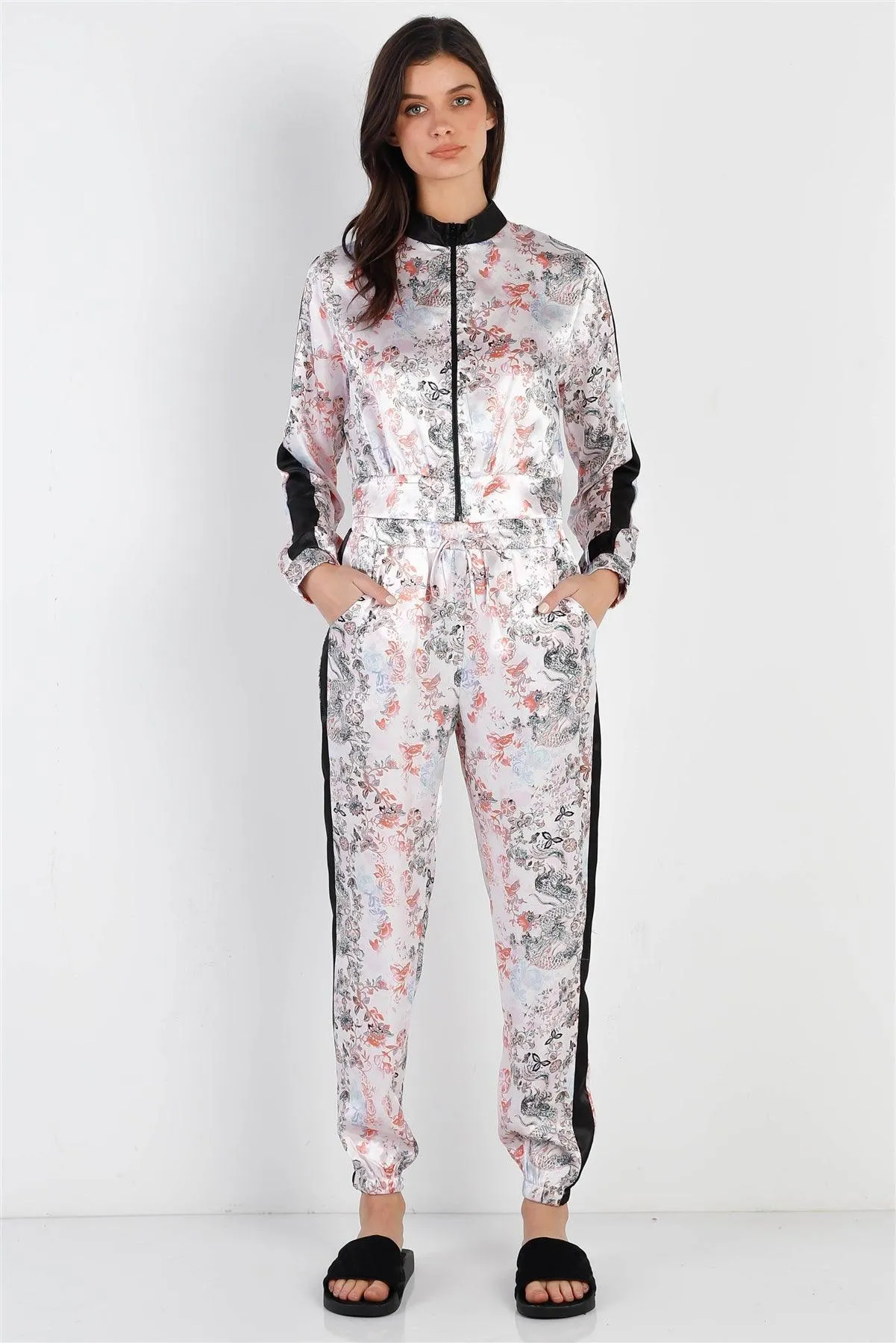 Black Contrast Satin Effect Multi Color Print Zip-Up Jacket & Pants Set /2-2-2