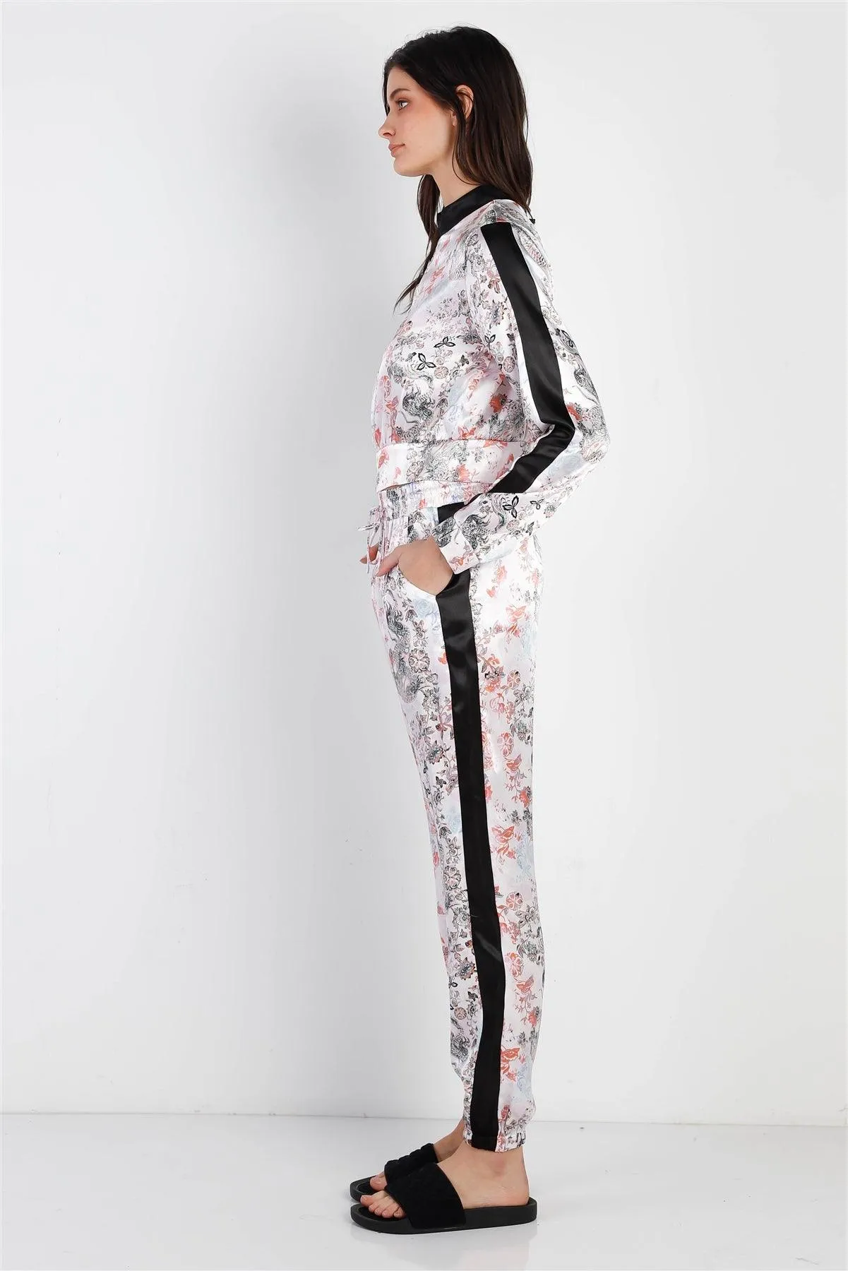 Black Contrast Satin Effect Multi Color Print Zip-Up Jacket & Pants Set /2-2-2