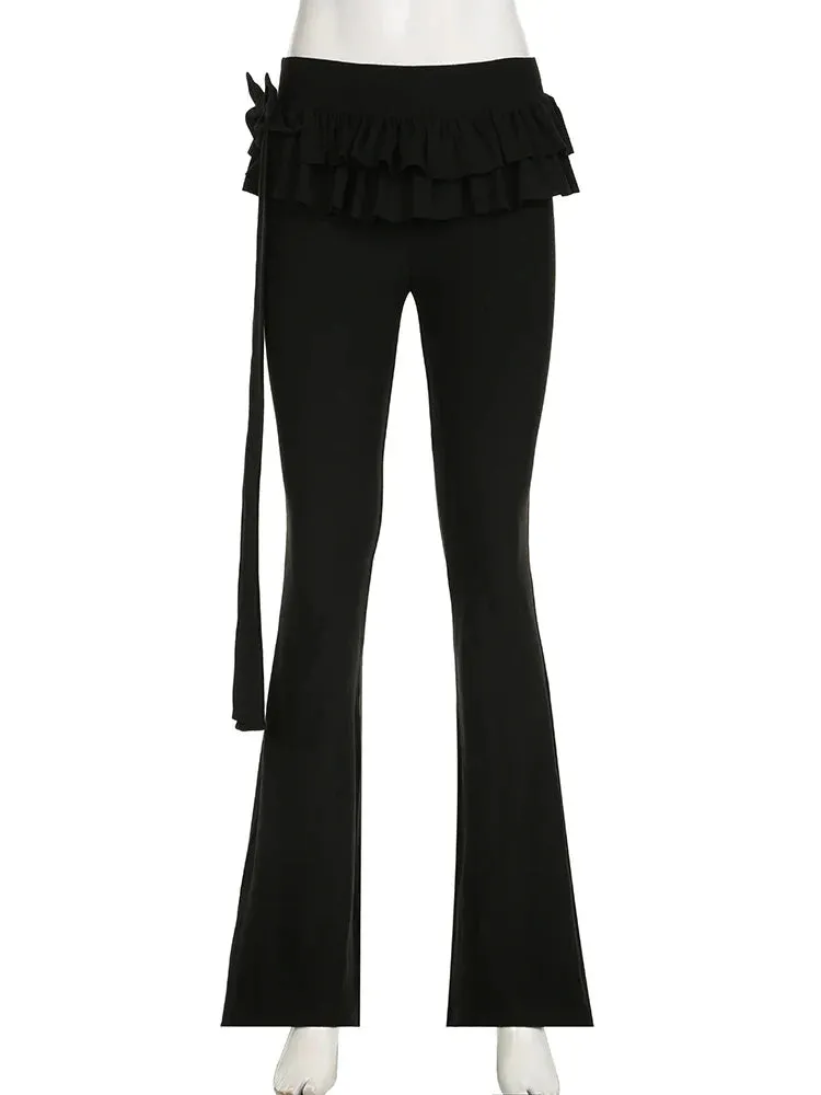 Black Lace Up Ruffled Flare Trendy Pants Low Waist Long Trouser