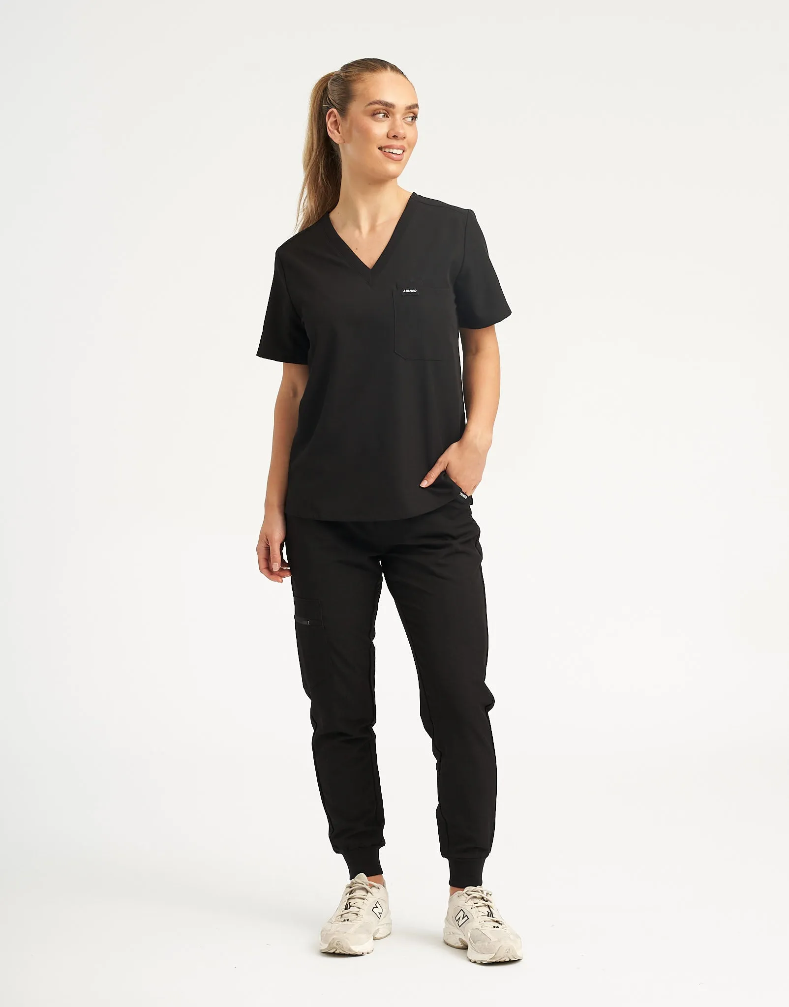 Black One Pocket V Neck and Scrub Jogger set