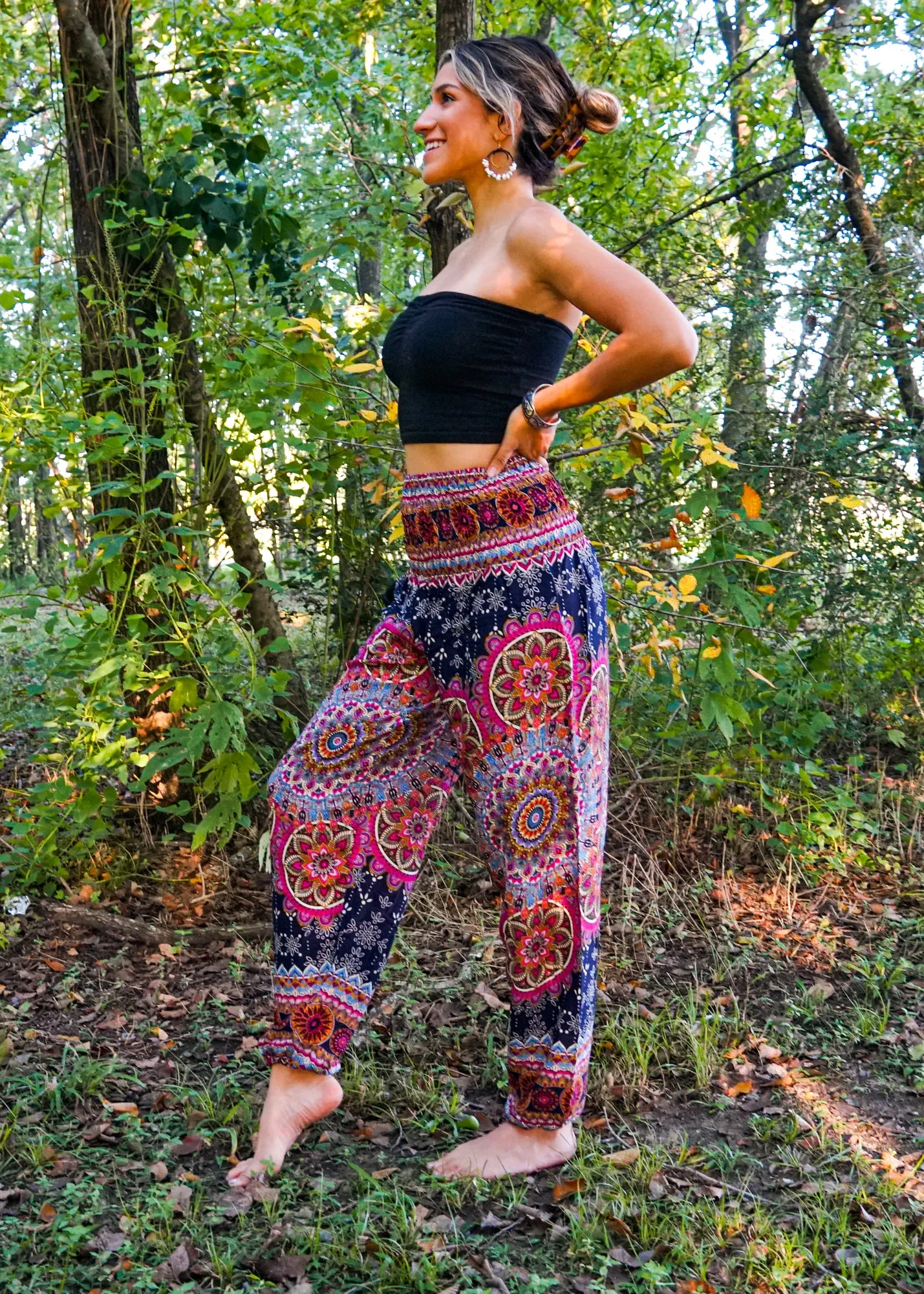 Black Pink Lotus Chakra Floral Harem Pants