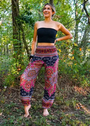 Black Pink Lotus Chakra Floral Harem Pants