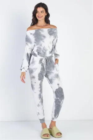 Charcoal Tie-Dye Off-The-Shoulder Top High Waist Pants Set