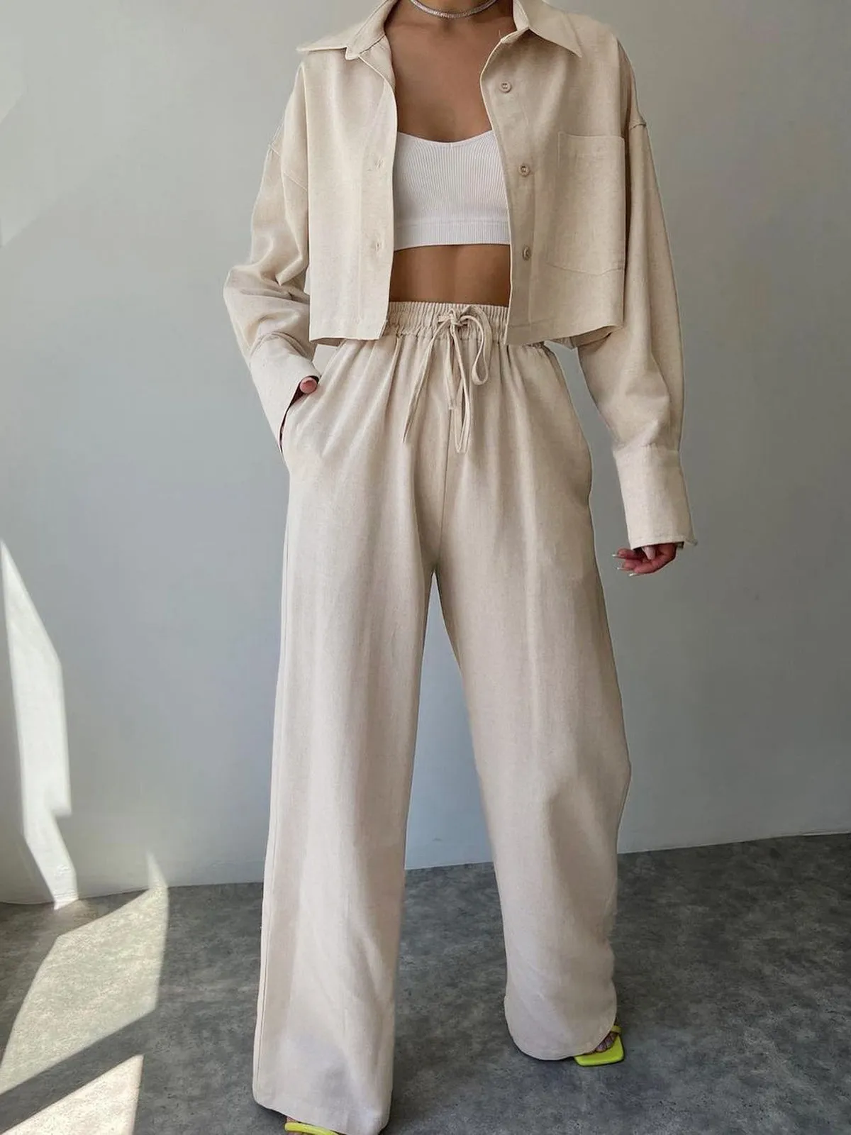 Collared Drawstring Two Trendy Piece Pants Set