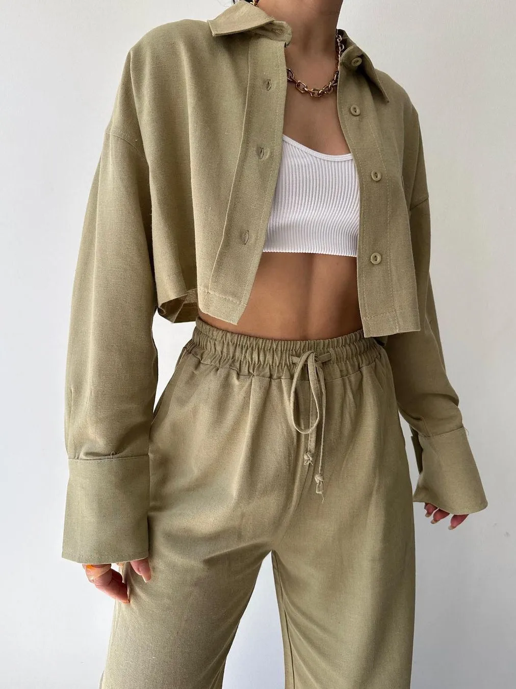 Collared Drawstring Two Trendy Piece Pants Set