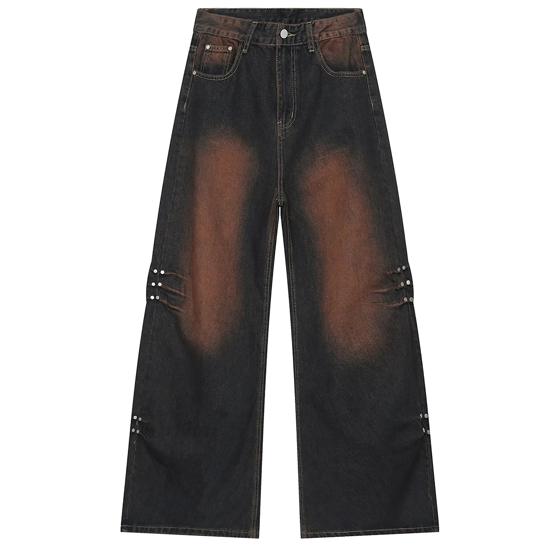 Copper Patina Sweep-Leg Riveted Denim Jeans