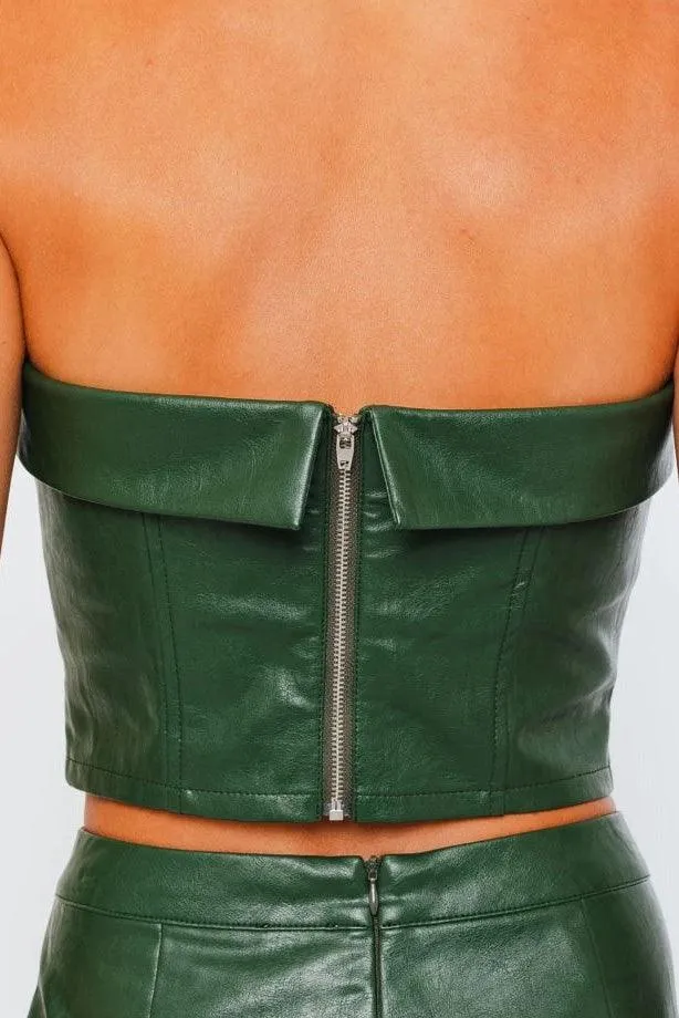 Dark Green Faux Leather Strapless Crop Corset Top & High Waist Pants Set /1-1-2-1