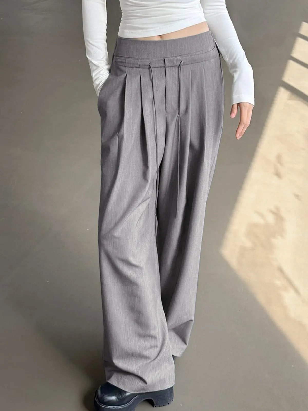 Drawstring Pleat Wide Trendy Leg Dress Pants