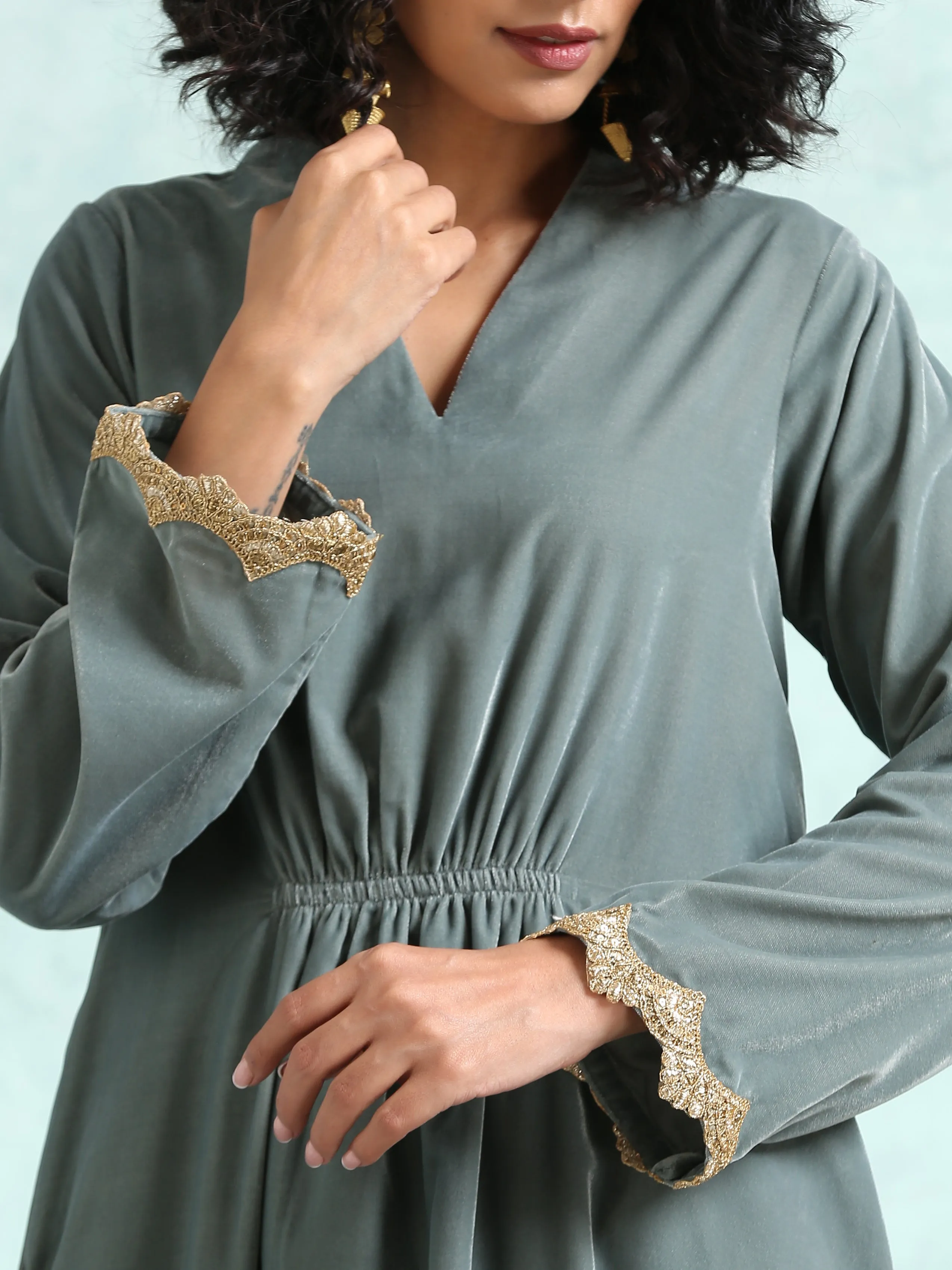 Grey Velvet Lace Kurta