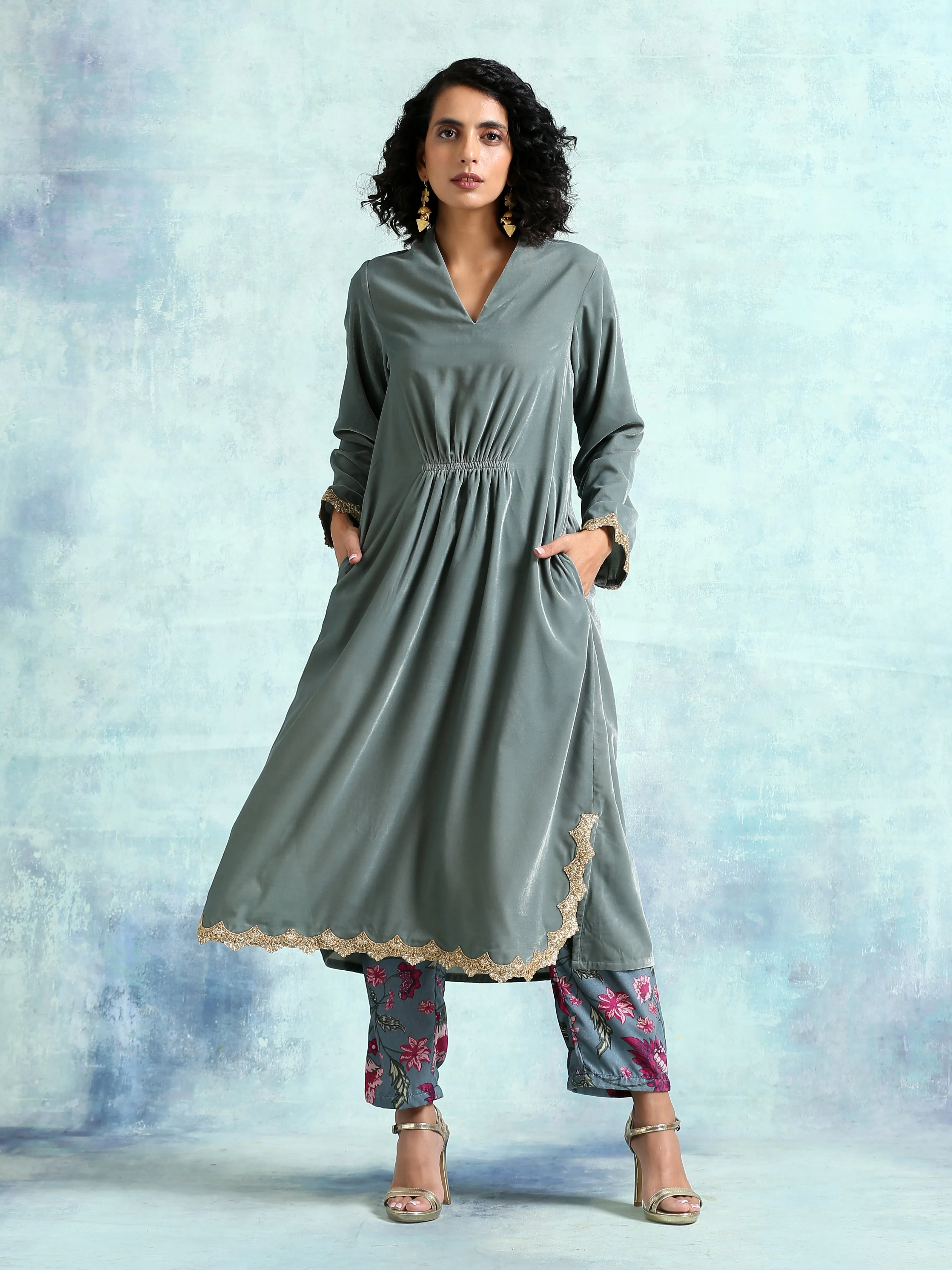 Grey Velvet Lace Kurta