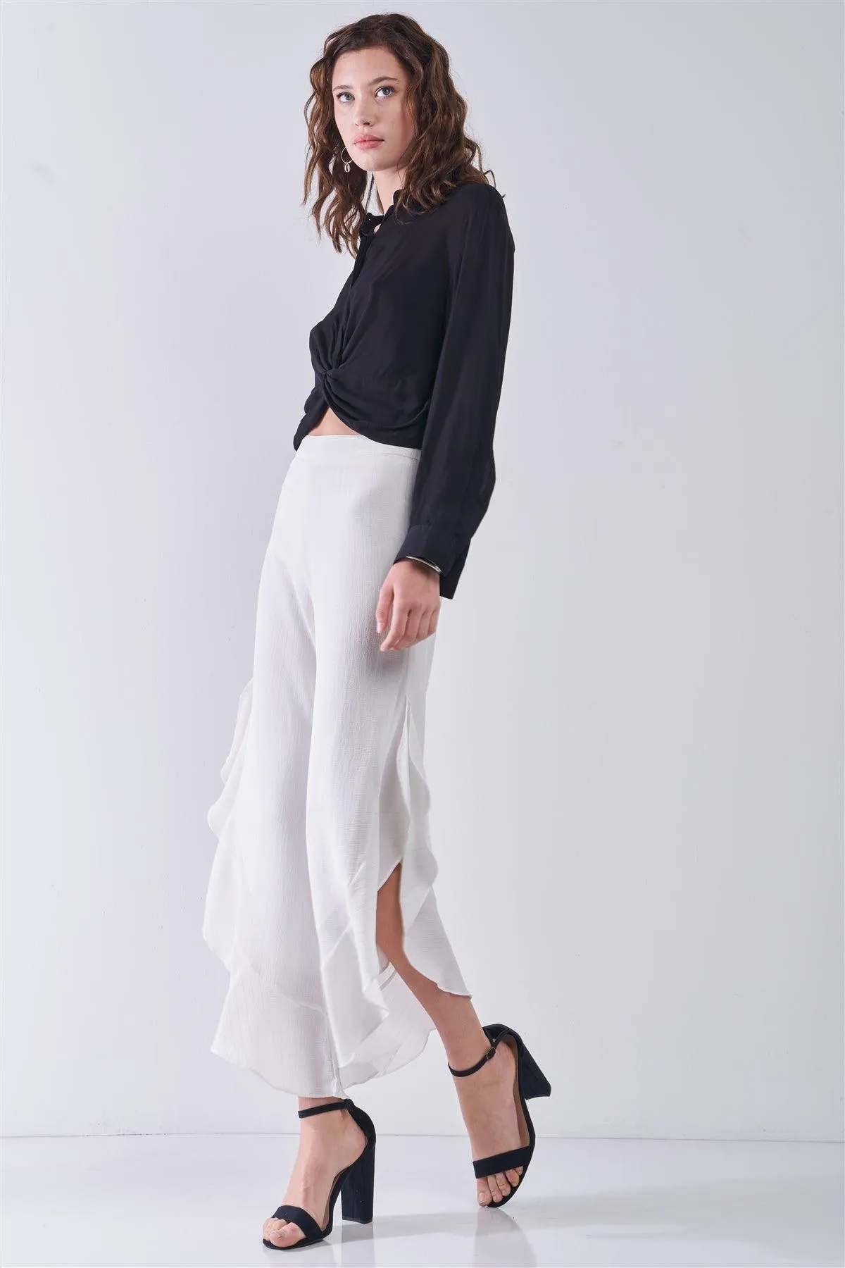 Ivory Silver Striped High-Waisted Ruffle Side Slit Midi Pants /3-2-1