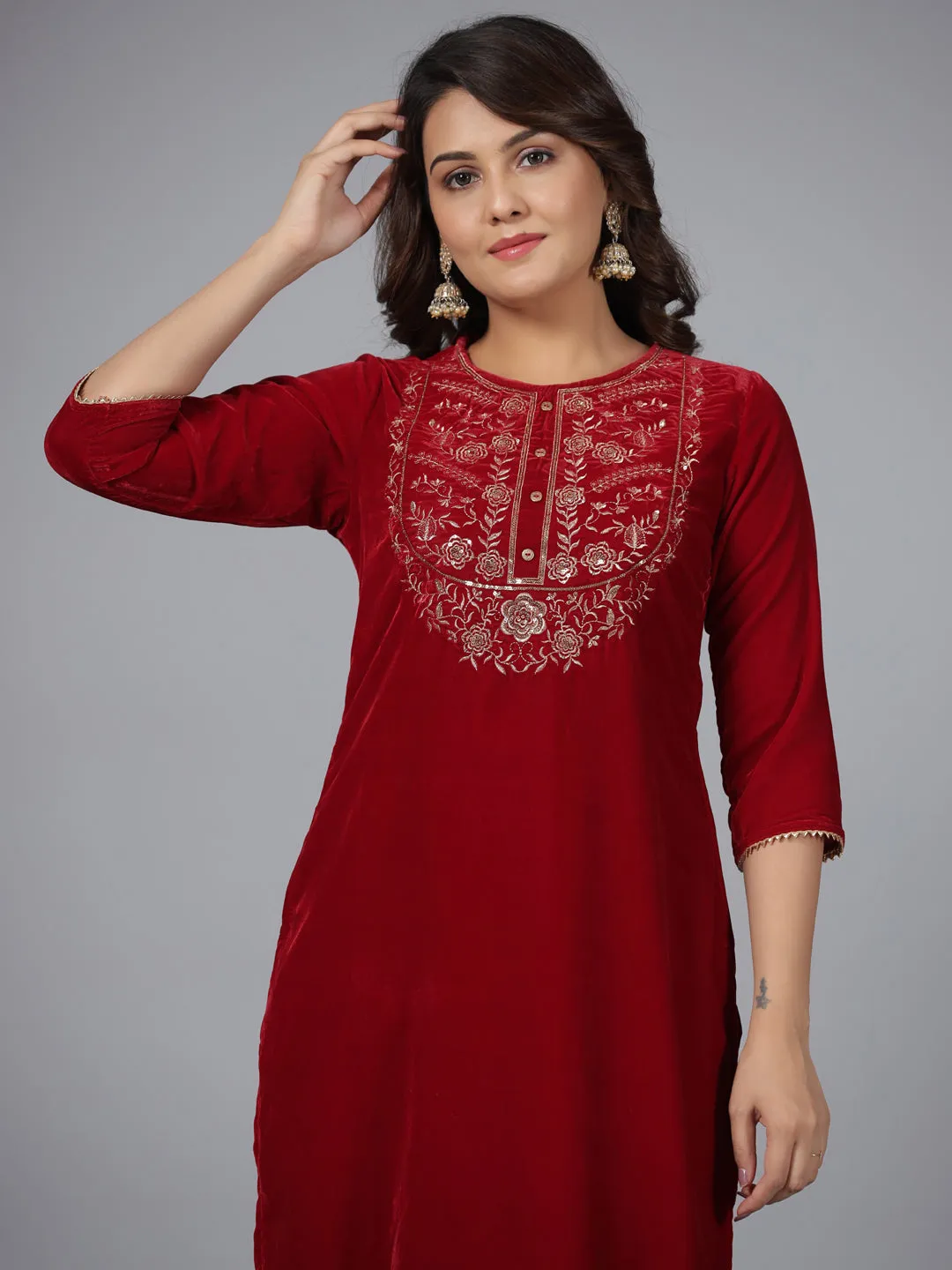 Juniper Maroon Velvet Embroidered Kurta & Pants Set with Zari & Sequences