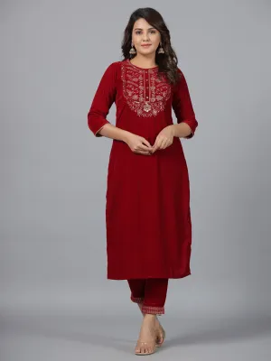 Juniper Maroon Velvet Embroidered Kurta & Pants Set with Zari & Sequences