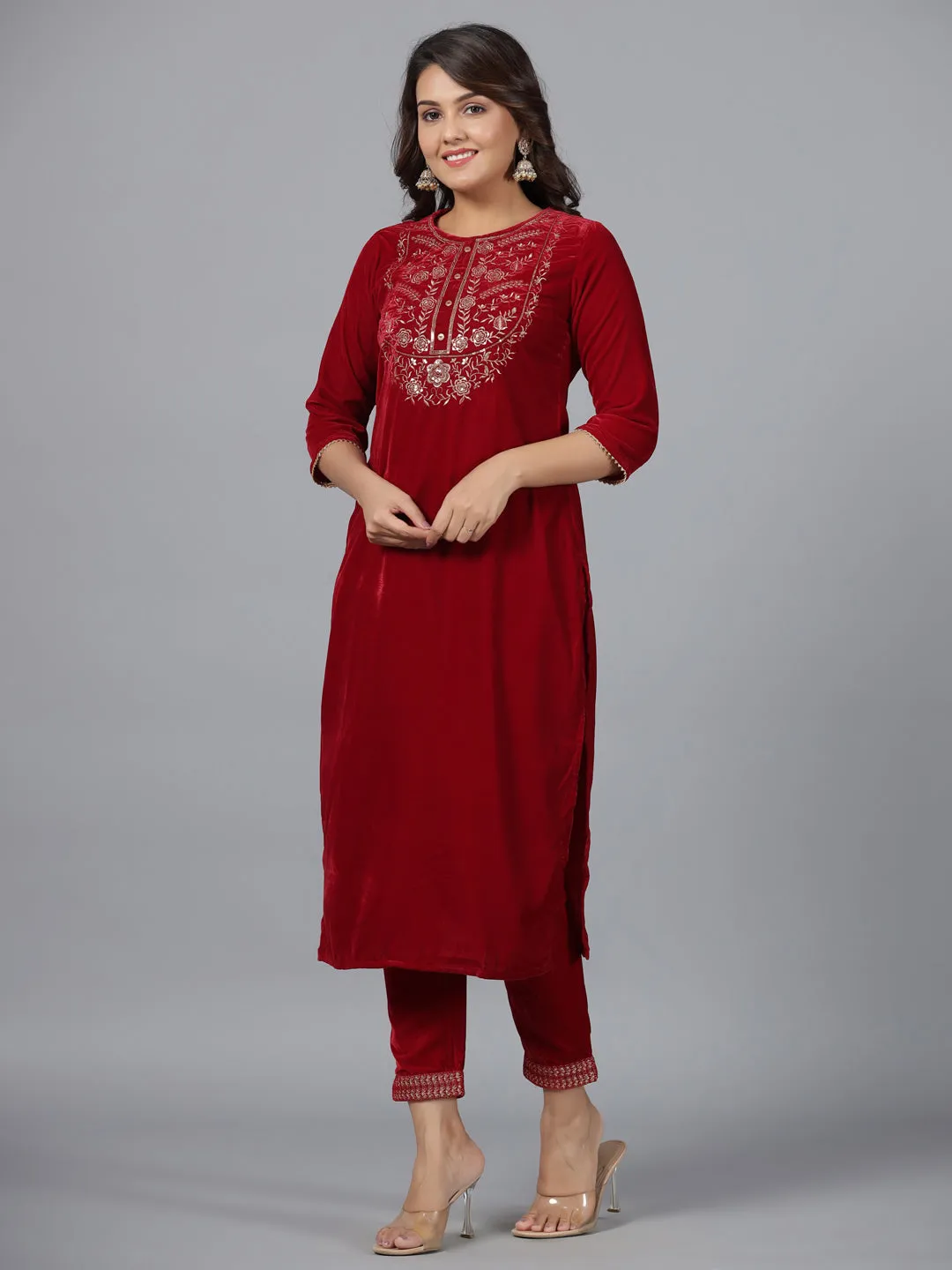 Juniper Maroon Velvet Embroidered Kurta & Pants Set with Zari & Sequences