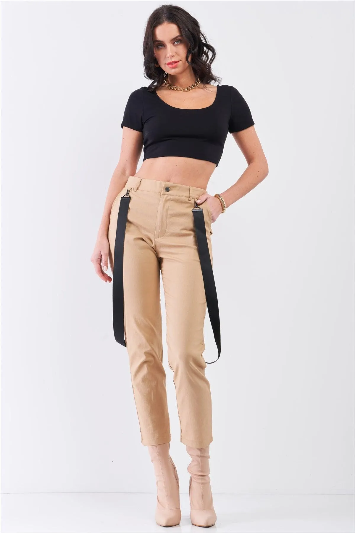 Khaki Mid-Rise Detachable Utility Straps Detail Straight Cut Pants / 1-2-1