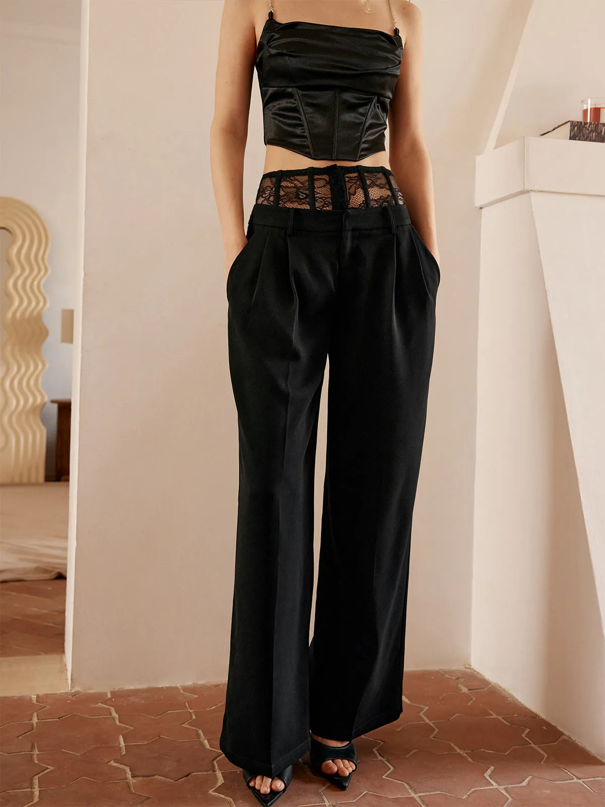 Lace Patchwork Pocket Trendy Straight Leg Pants