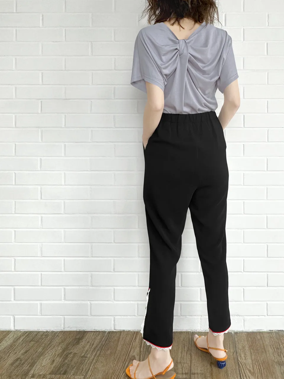 Last Chance! Black Contrast Piping Lace Detail Tapered Ankle Trousers