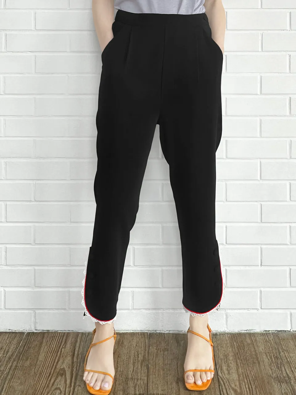 Last Chance! Black Contrast Piping Lace Detail Tapered Ankle Trousers