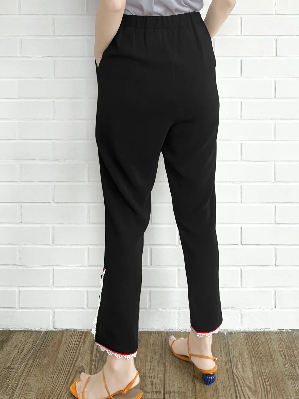 Last Chance! Black Contrast Piping Lace Detail Tapered Ankle Trousers