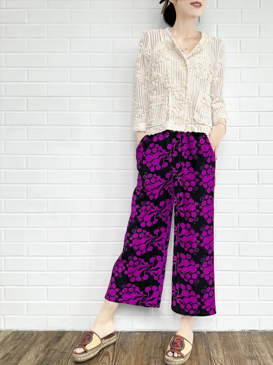 Last Chance! Fuchsia Blooming Petal Contrast Piping Silky Cropped Trousers