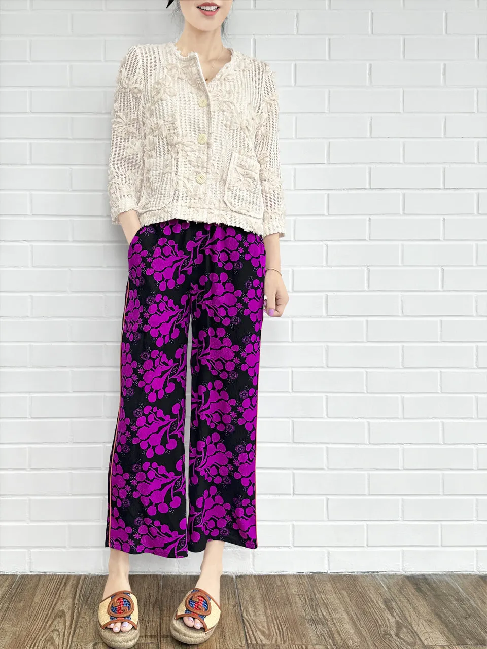 Last Chance! Fuchsia Blooming Petal Contrast Piping Silky Cropped Trousers