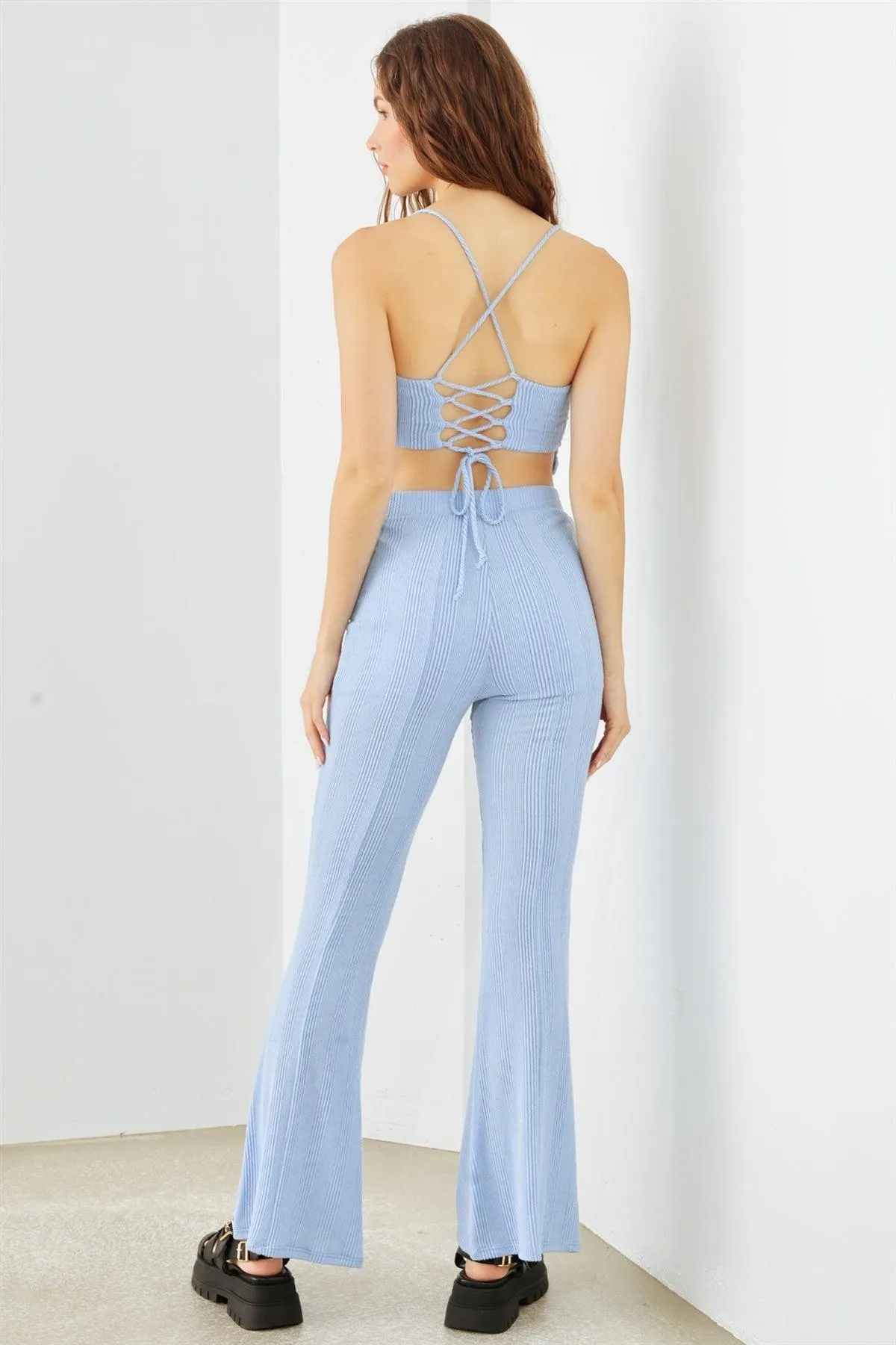 Light Blue Ribbed Back Lace-Up Crop Top & High Waist Pants Set /1-2-2-1