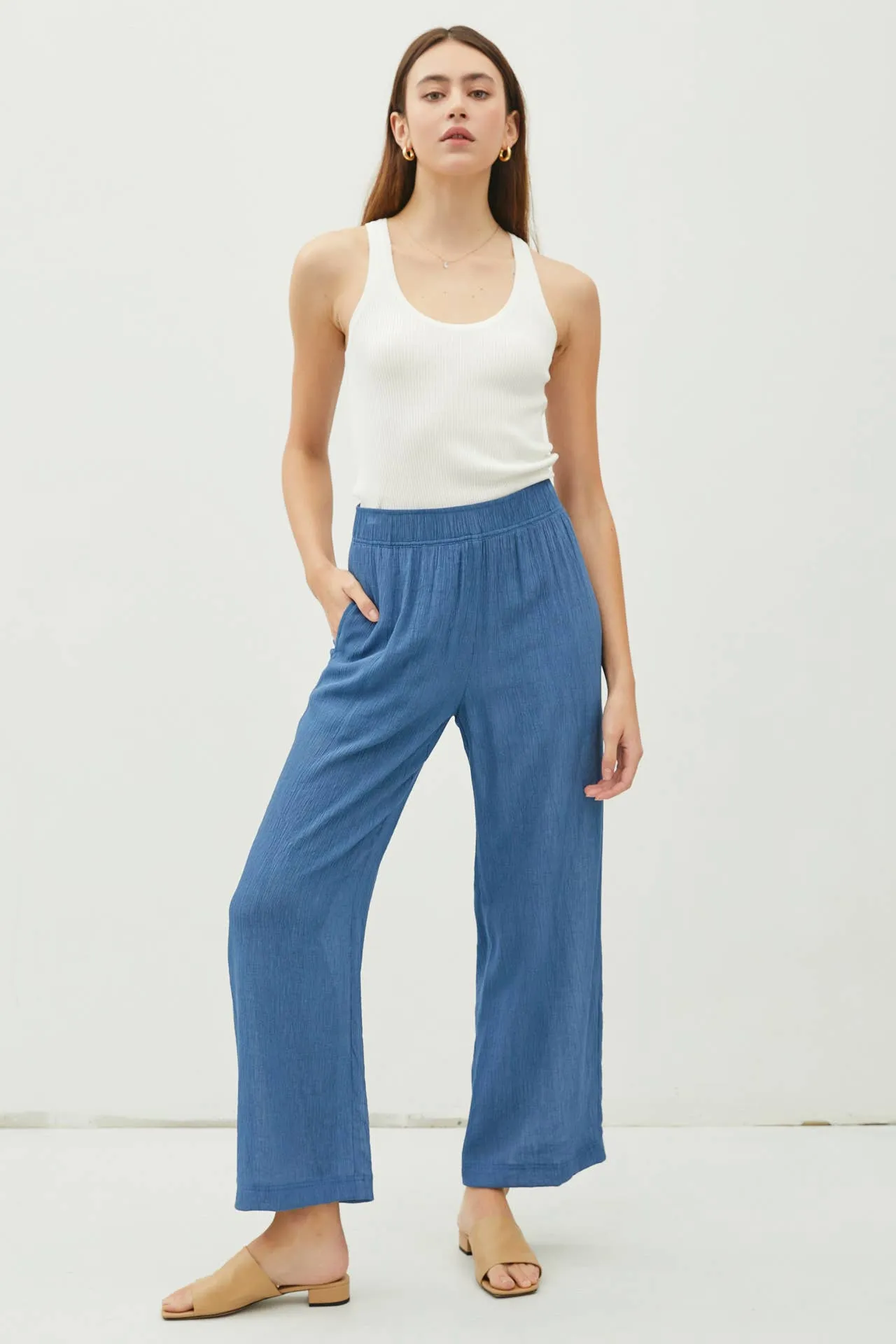 LIGHTWEIGHT RAYON BLEND PULL ON WIDE LEG PANTS