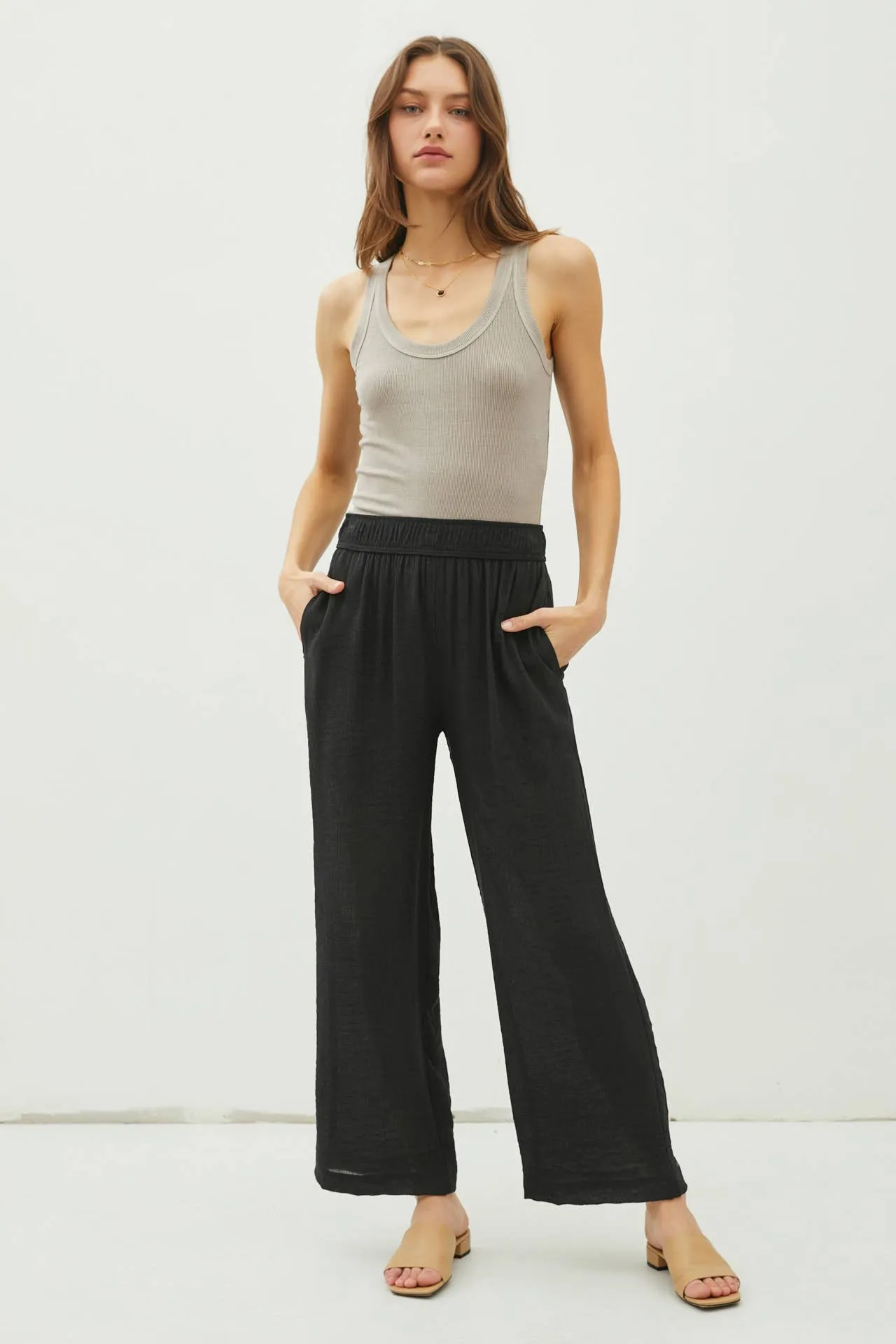 LIGHTWEIGHT RAYON BLEND PULL ON WIDE LEG PANTS