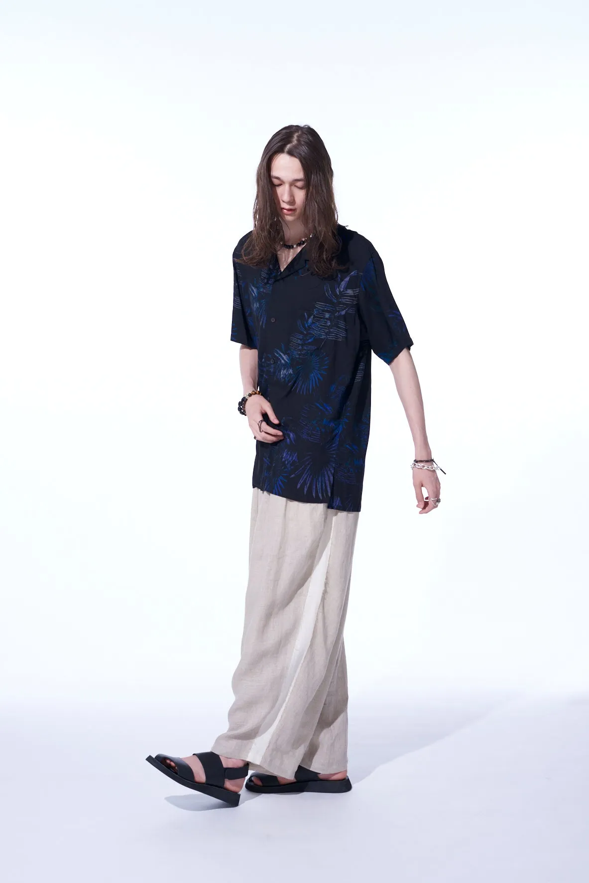 LINEN GAUZE DUAL FABRIC 12-PLEATED PANTS WITH SIDE TAPE