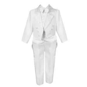 Little Boys White 5 Piece Vest Pants Tail Jacket Jacquard Tuxedo Suit 2-7