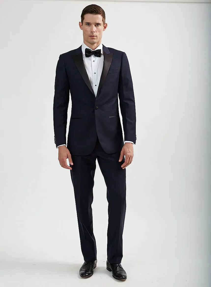 Luxurious 100% Super Fine Wool Italian Navy Blue Peak Lapel Tuxedo