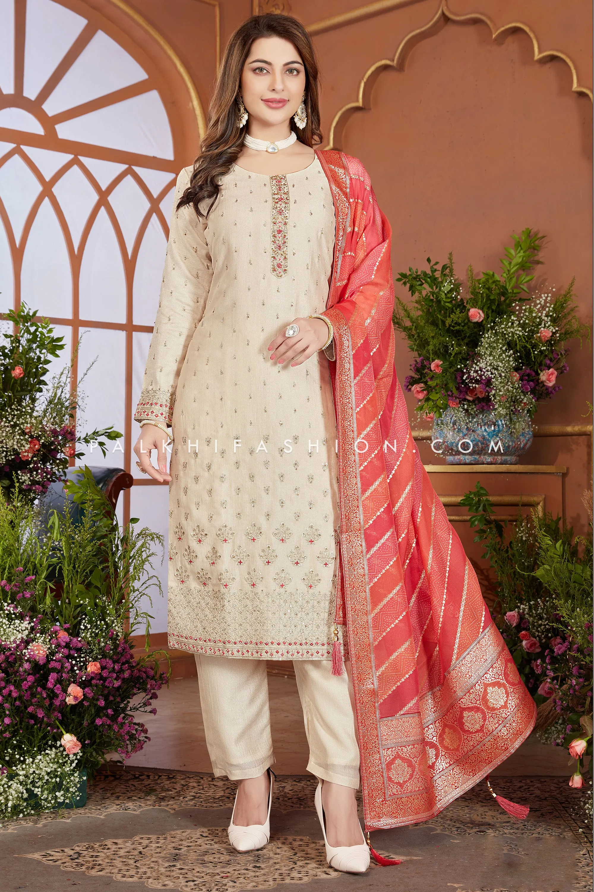 Luxurious Ivory Silk Straight Cut Suit With Attractive Dupatta