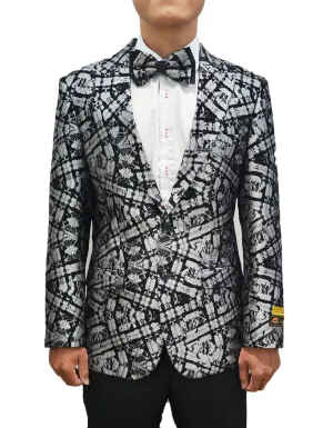 Mens Geometric Dinner Jacket Blazer in Silver Grey