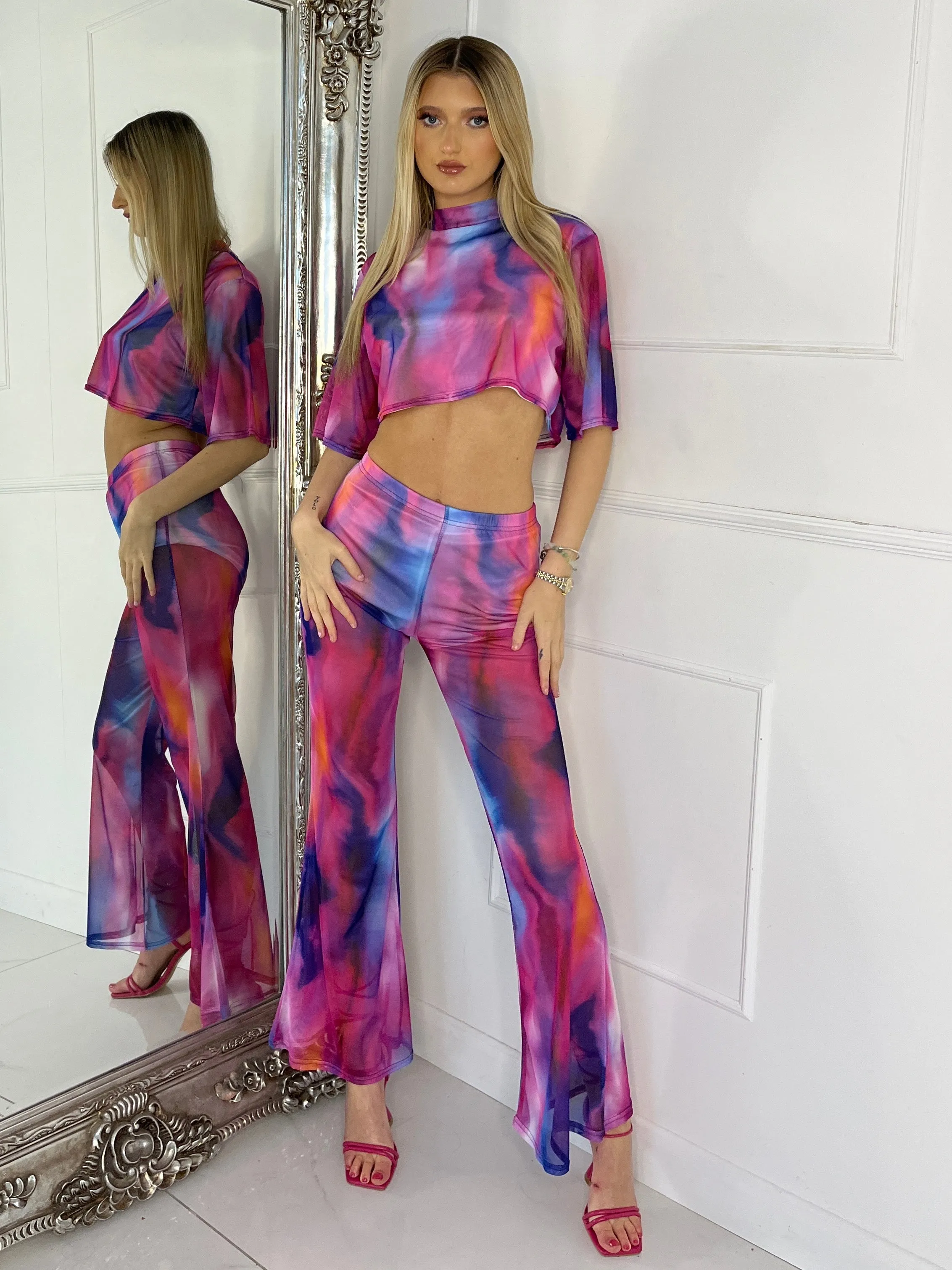 Mesh Cropped T-Shirt and Flares Co-Ord - Pink Marble