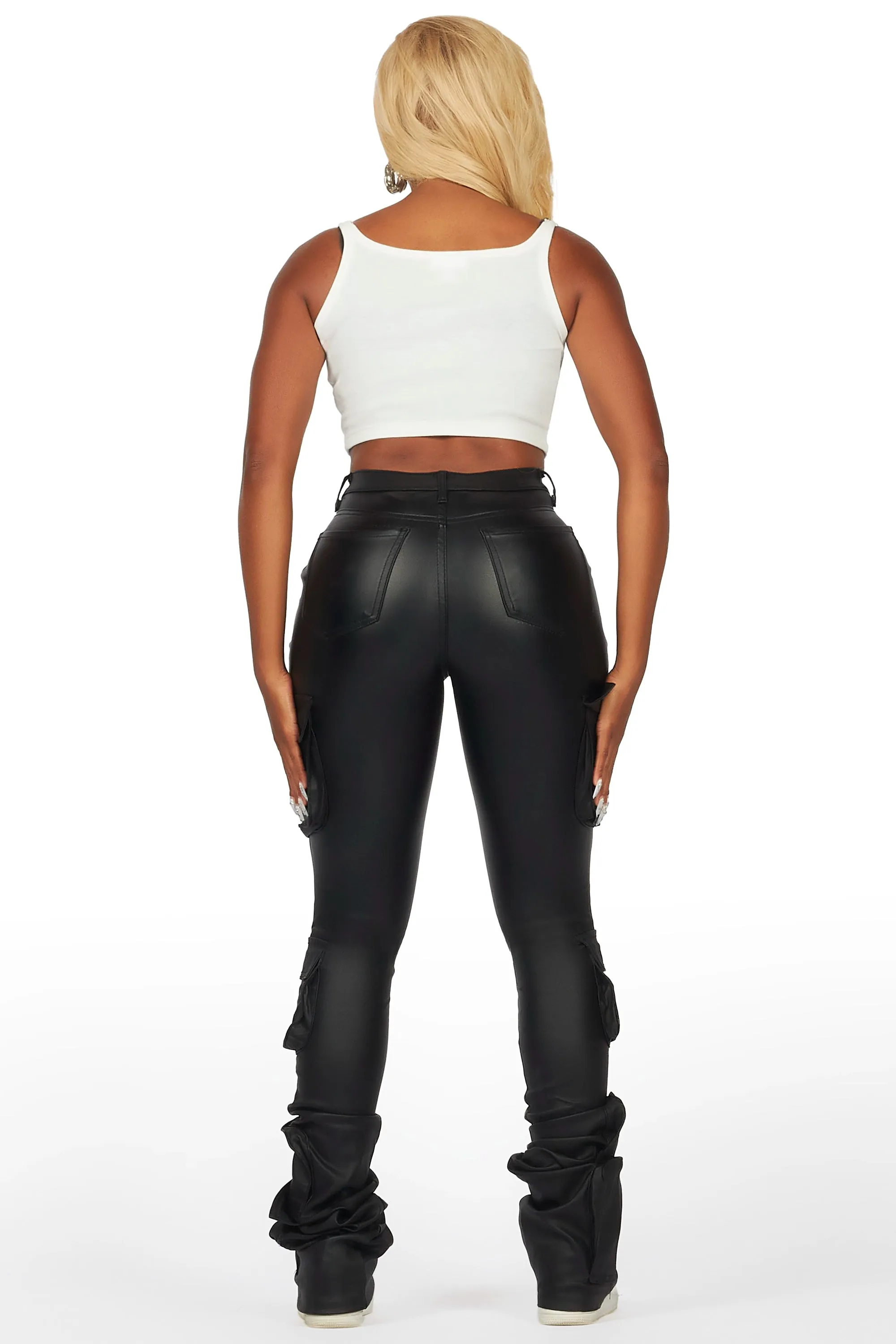 Miracle Black PU Cargo Super Stacked Pant