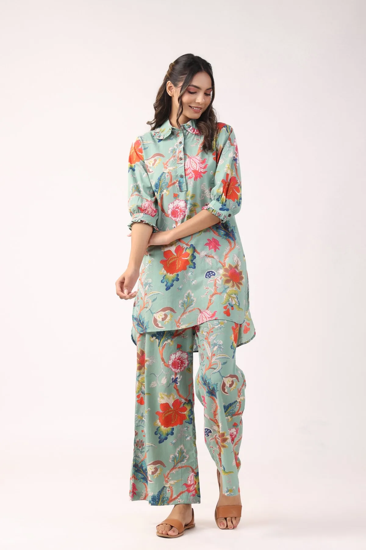 Modern Botanical Cotton Palazzo Loungewear Set