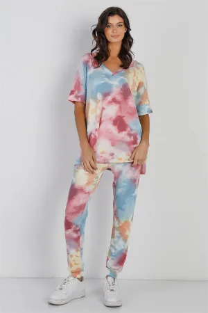 Multi Color Tie-Dye Waffle Knit Short Sleeve Top & Pants Set /1-1-1